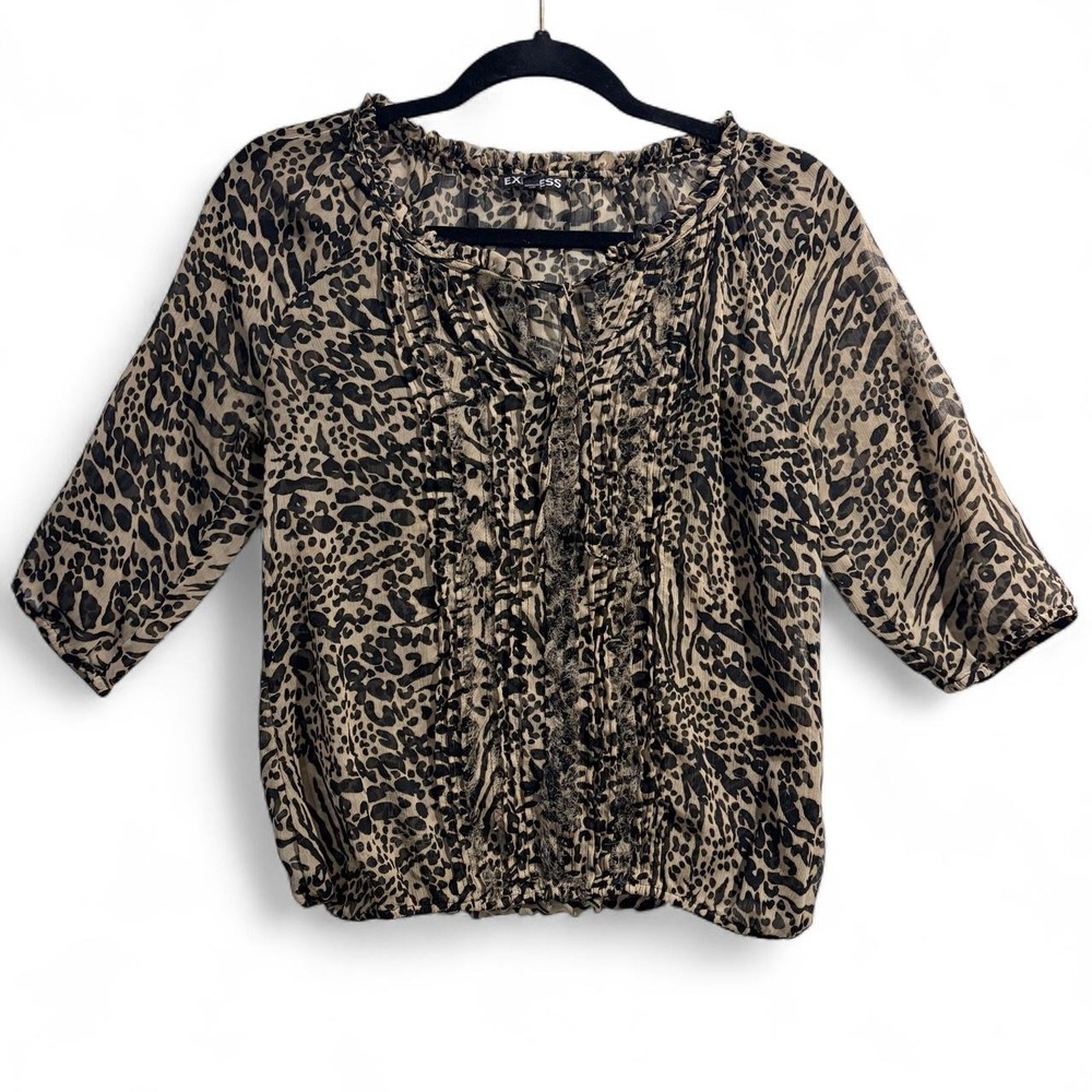 Express Leopard Print Blouse Womens XS Black Beige Ruched 3/4 Sleeve Sheer Top